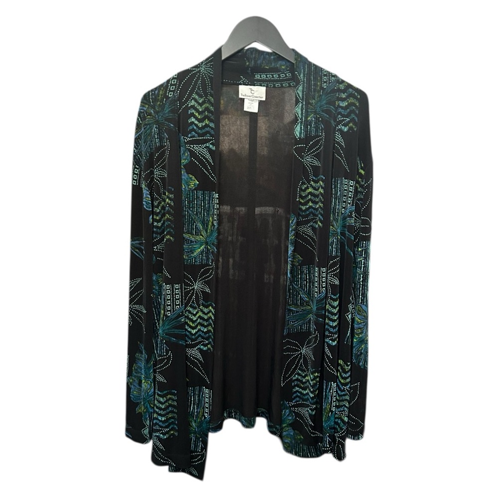 The Travel Collection Tropical Print Slinky Knit Open Front Cardigan Jacket 1X